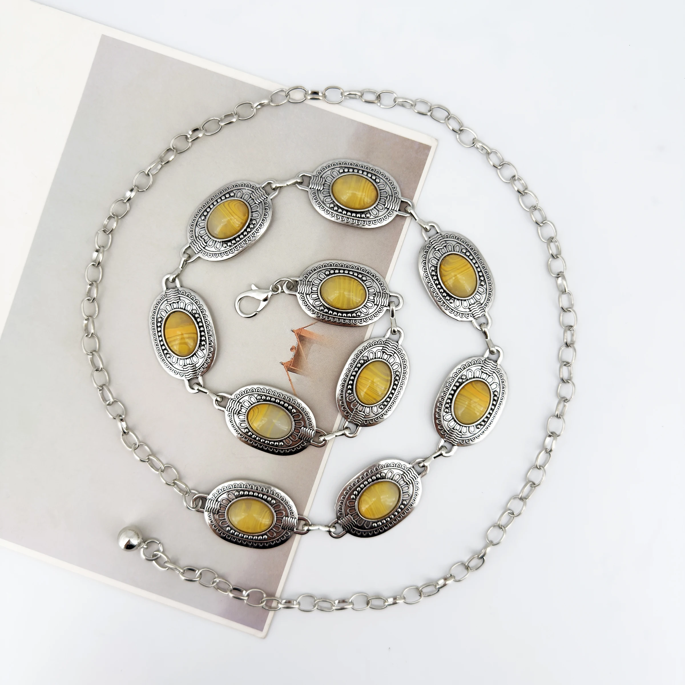 Bohemian Retro Ethno-Stil Ovaler Eingelegter Bernsteinstein Damen Casual Mode Luxusgürtel, passend zu einem Kleid, Hochwertige Vielseitige Kleidung – Detail 7