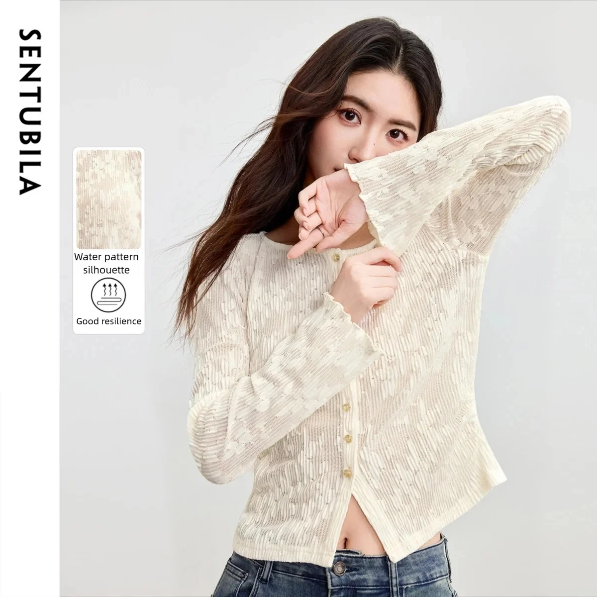 

SENTUBILA женский кружевной кардиган, осень 2021, элегантный эластичный топ с круглым вырезом и расклешенными рукавами для пригородных поездок 153SA3771