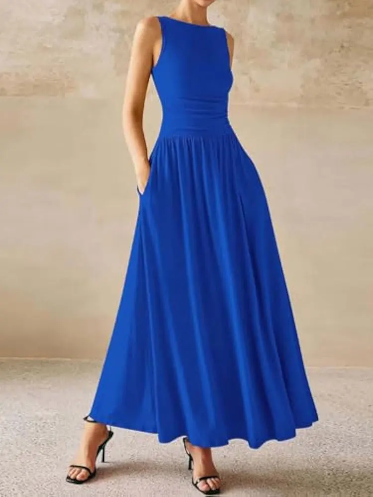 New Shimmering Sleeveless Festive Red Dress High-Waisted Flowy Full-Skirted Women Clothes Summer Pockets Evening Long Dresses