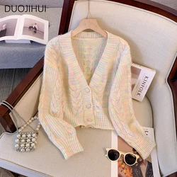 DUOJIHUI Chic V-neck Simple Spell Color Female Cardigan Autumn New Basic Long Sleeve Fashion Casual Knit Sweater Women Cardigan