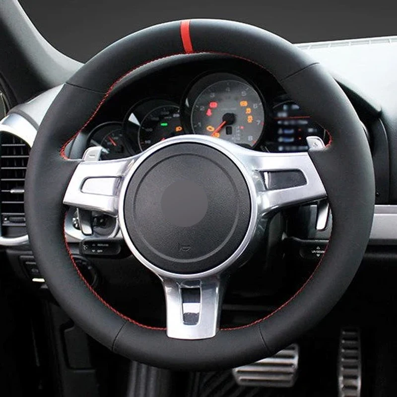 Alcantara Real Leather Steering Wheel Cover Red Thread and Red Stripe Car Accessoires for Porsche 911 991 BOXSTER 981 CAYMAN 981