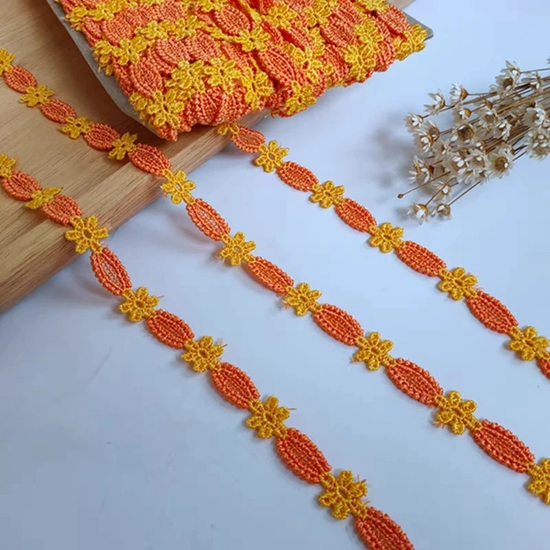 Blumenstickerei-Spitze für Hochzeitskleid-Dekoration, Halsketten-DIY-Nähzubehör, Orange und Gelb, 5 Yards, 1 cm Breite