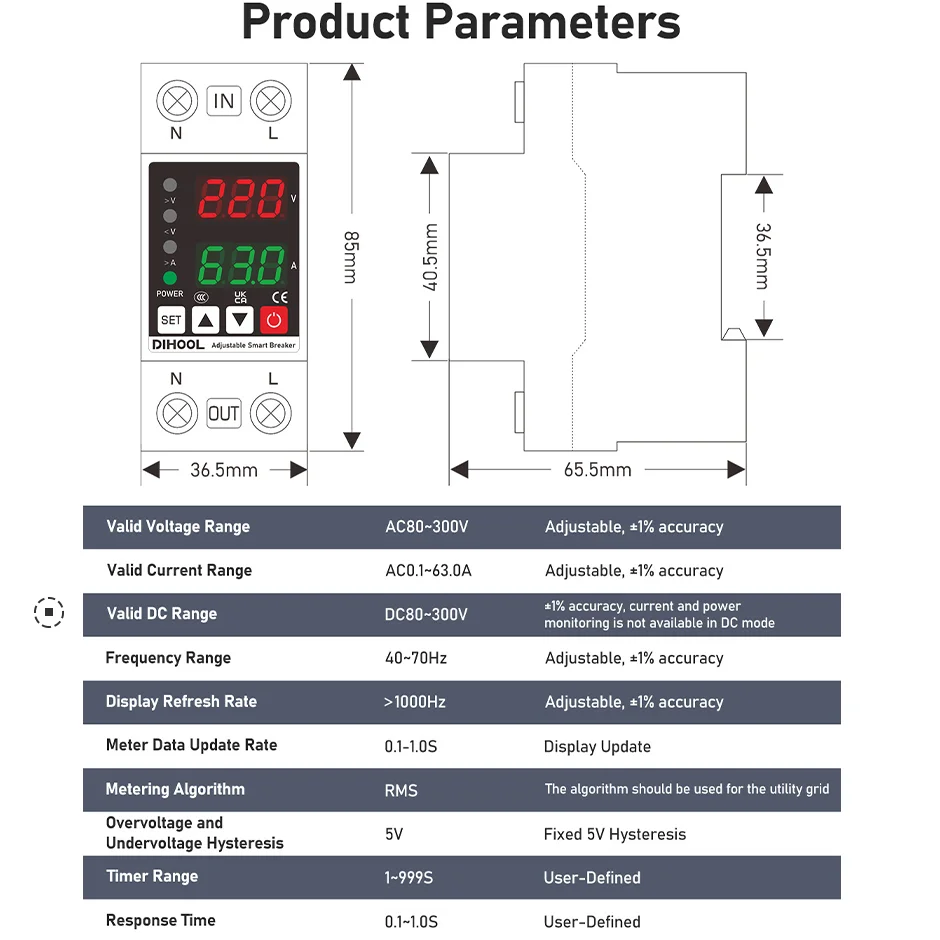 Adjustable Voltage Current Protector 110/220V 80-300V Universal  Single Phase AC DC Protection 1~63a Self resetting
