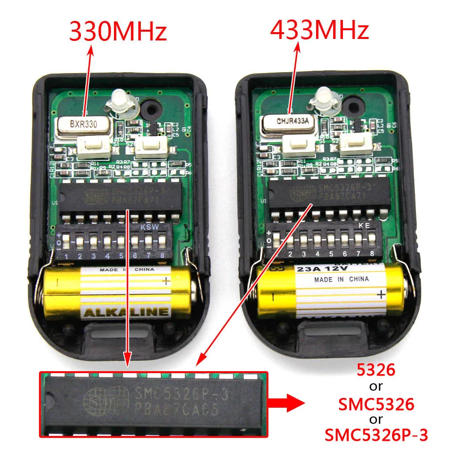 For Malaysia Singapore Thailand SMC5326 5326 330mhz / 433mhz 8 Dip Switch Auto Garage Duplicate Remote Control Gate with Battery