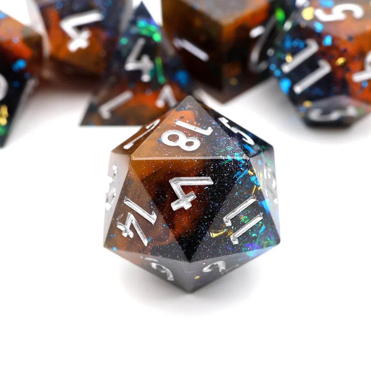 

Handmade Galaxy Resin Dice W/Amber & Colorful Foil Inclusions | 7-Piece Polyhedral Dice for D&D & RPGsN28