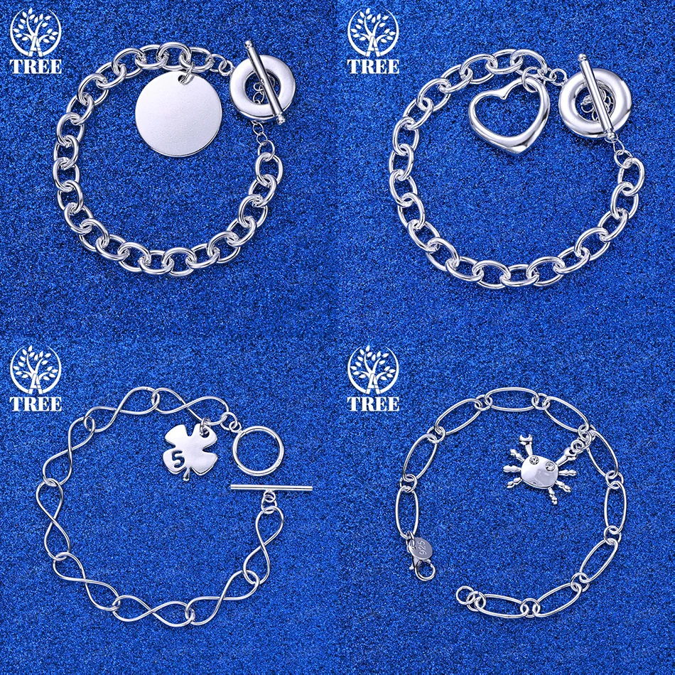 

New 925 Sterling Silver Crab Heart Four-Leaf Clover Solid Round Pendant Bracelets Women Birthday Party Cute Jewelry Accessories
