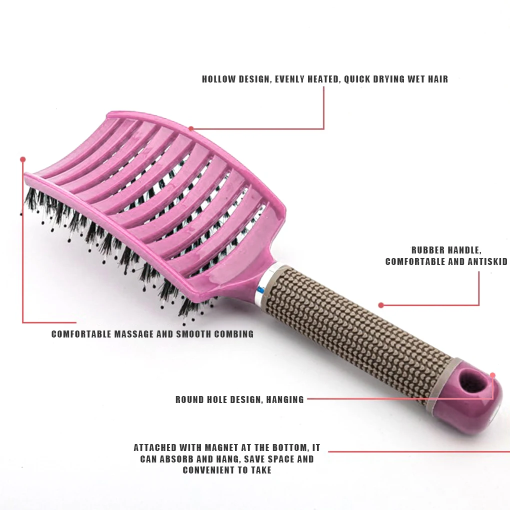 Hair Brush Nylon Bristle Scalp Massage Detangle Hairdressing Tool Home Hair Drying Salon, Pink