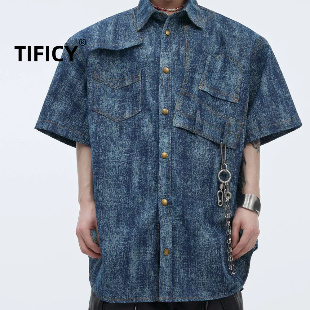 High Street Shirts Men's Summer Deconstruction Vintage Washed Tie Dye Gradient Polo Short Sleeved Streetwear Fashion Shirt