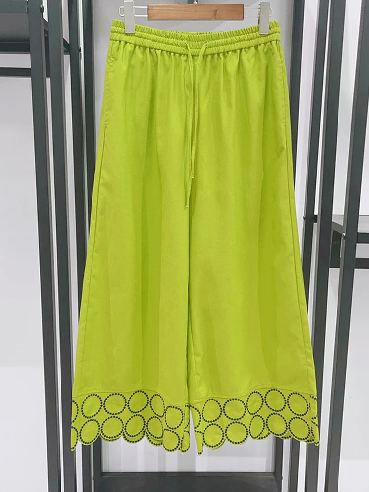 Casual Summer 2026 Embroidered Lace Trim Loose Feel Wide Leg Nine Point Pants for Short Women Cotton Blend Comfortable Fit