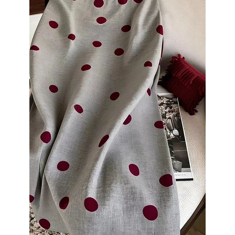 Women Polka Dot Elegant Skirt Grey High Waisted Straight Commuter Skirt Fashion Soft Slim Office Lady Midi Skirt