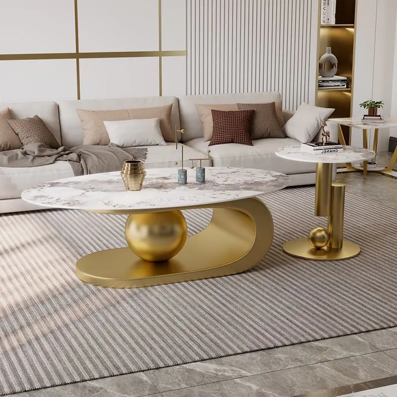 Luxury Marble Coffee Table with Gold Metal Base Modern Oval Coffee Table and Side Table Combination for Living Room