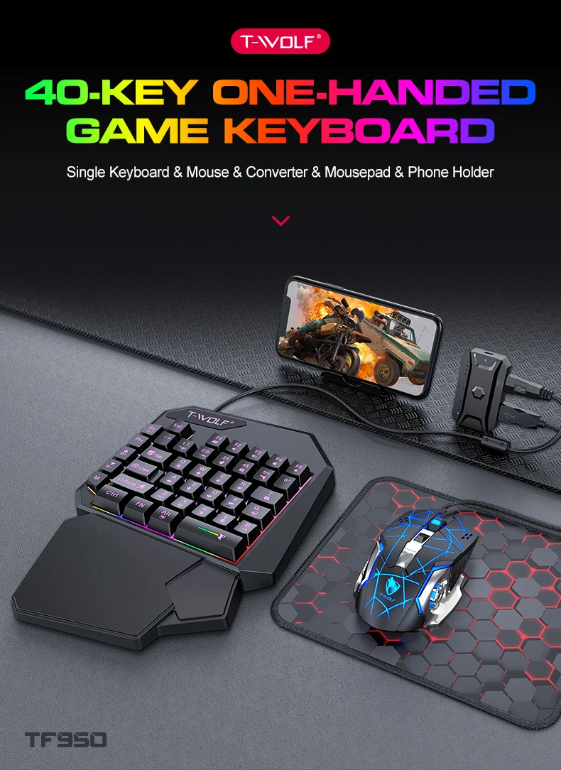T-WOLF TF900 40-Key One-Handed Gaming Keyboard and Mouse Set, Wired USB RGB Backlit, with Converter, Mousepad and Phone Holder,