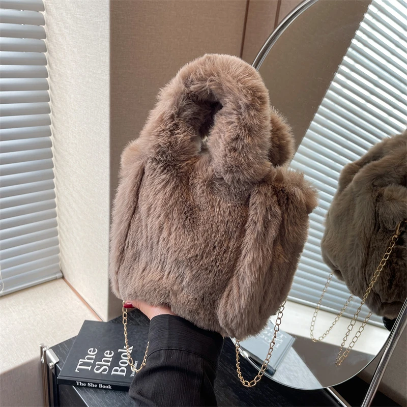 Winter Cute Rabbit Ear Faux Fur Bucket Bag Soft Fluffy Plush Chain Crossbody Handbag Fashion Daily Mini Shoulder Purse Сумка