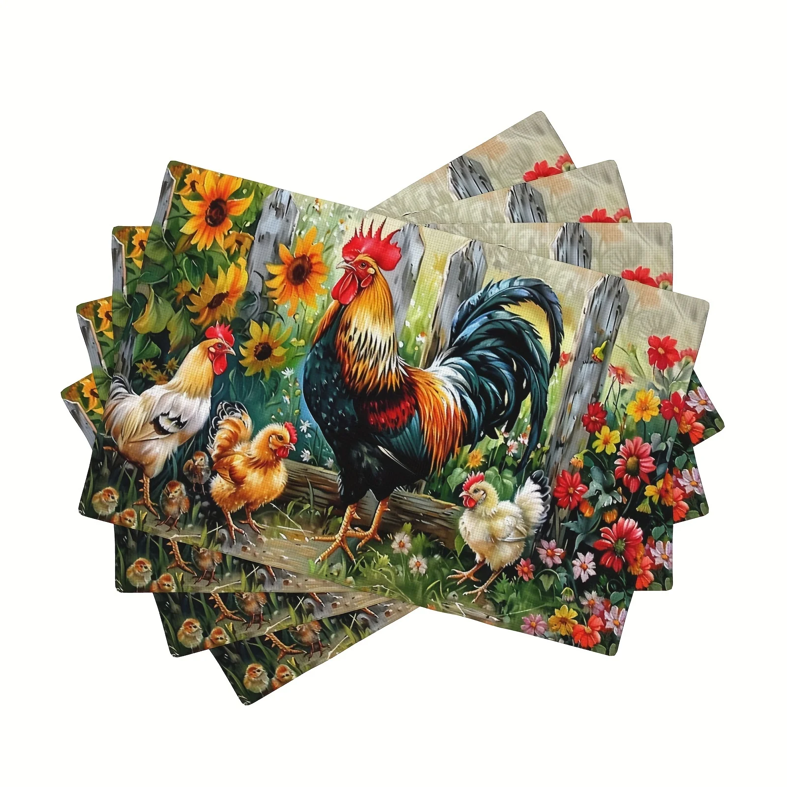 Set of 4 Rooster and Hen Placemats - Polyester, Washable, Woven Square Table Mats for Kitchen and Dining Room
