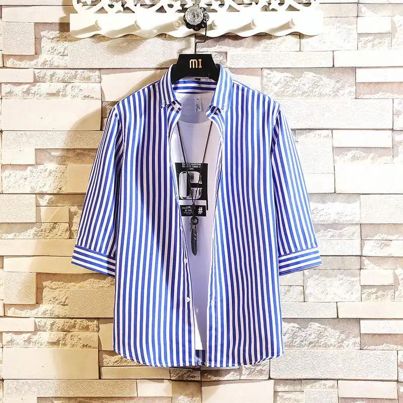 

Мужская приталенная рубашка в полоску с воротником, модная корейская повседневная одежда для офиса и бизнеса, весна-лето