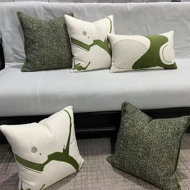 Nordic Light Luxury Green Cushion Cover Patchwork Embroidered Pillowcase Modern Living Room Pillow Covers Decorative Design