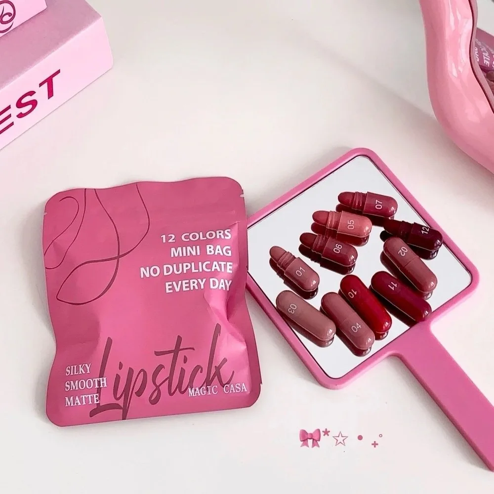 12pcs New Matte Finish Capsule Lipstick Set Non-Sticky Texture Long Lasting Lipstick 12 Colors Mini Lip Balm Daily Makeup
