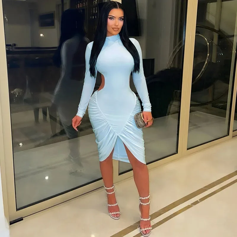 

Элегантное облегающее платье-миди Doyerl с длинным рукавом, в стиле пэчворк, с открытой спиной, воротником-стойкой, эластичное, для вечеринок и ночных клубов