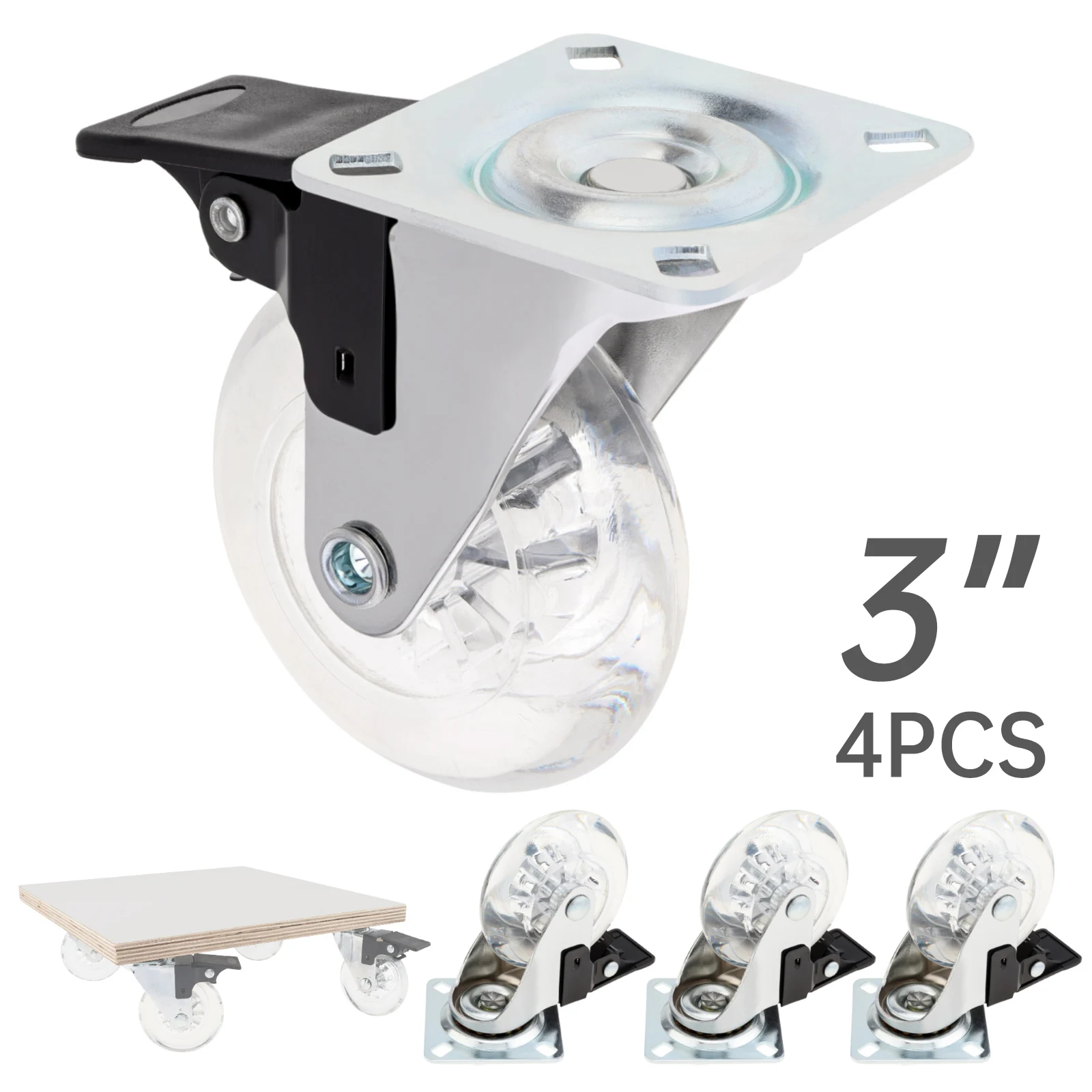 

4pcs Transparent Caster Wheels 3 Inch PU Crystal Universal Brake Wheels for Carts / Dressers