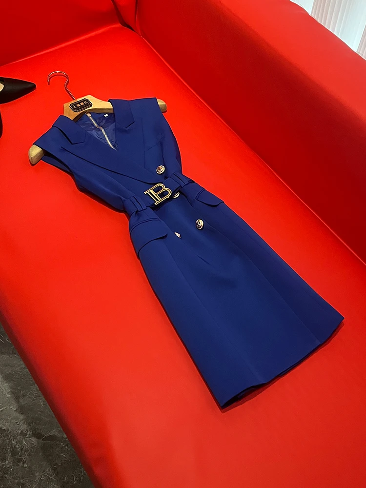 

Elegant Sleeveless Suit Dress with Belt And Zipper Back for Women High-End Fashionable City Commute Basic Style Spring Autumn