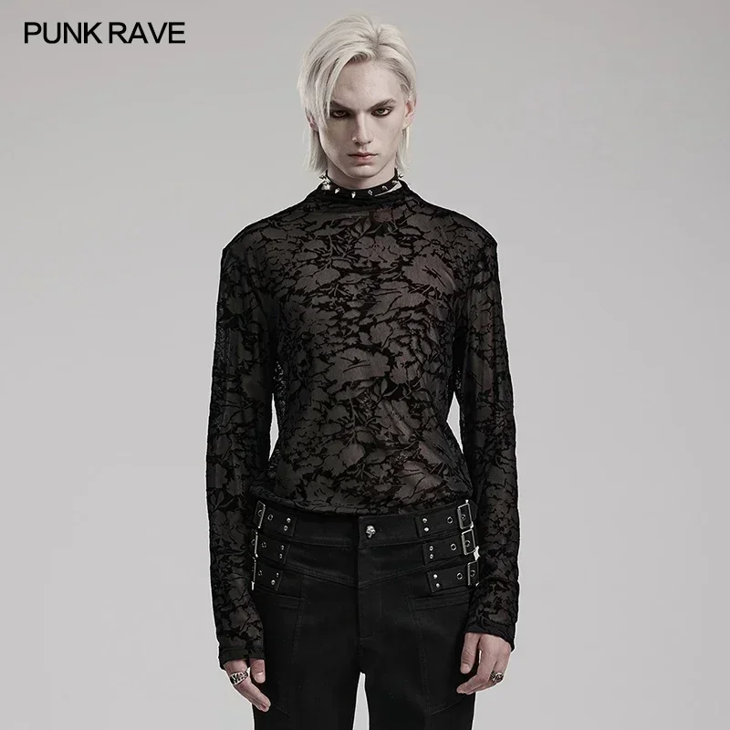 

PUNK RAVE Men's Gothic Handsome Slim Perspective Printed Mesh T-shirt Dark Sexy Flocked Casual Tops Streetwear Four Seasons