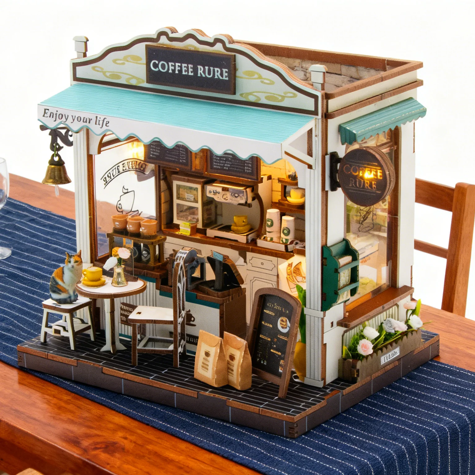 لتقوم بها بنفسك خشبية مصغرة أطقم منمذجة مقهى كازا ثلاثية الأبعاد لغز بيوت الدمى مع الأثاث أضواء LED لهدايا عيد ميلاد الأصدقاء #4
