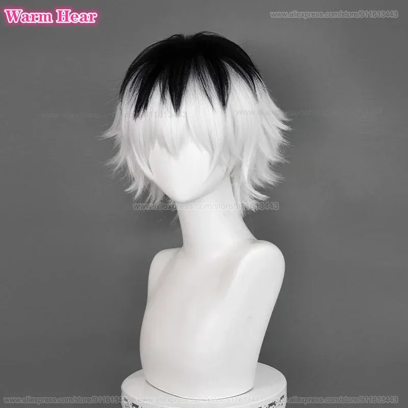 2024 사사키 하이세 합성 가발 애니메이션 숏 30cm 유니섹스 블랙 화이트 믹스 코스프레 가발 내열 헤어 파티 가발 + 가발 캡