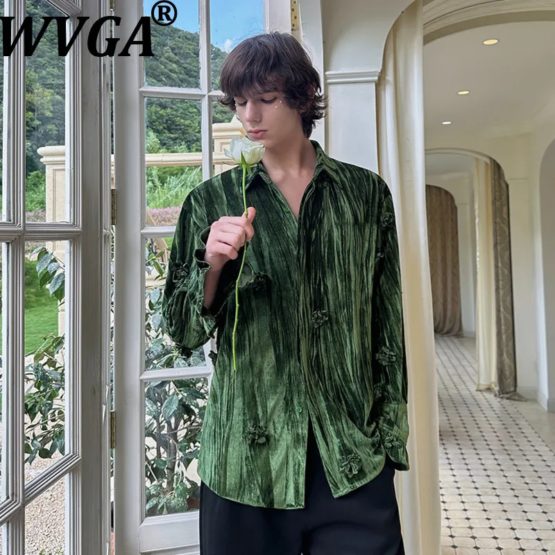 WVGA Autumn New Men Vintage Long Sleeve Shirt Niche Chic Casual Floral Pleated Design Loose Fit Turn-Down Collar Tops Ins W28233