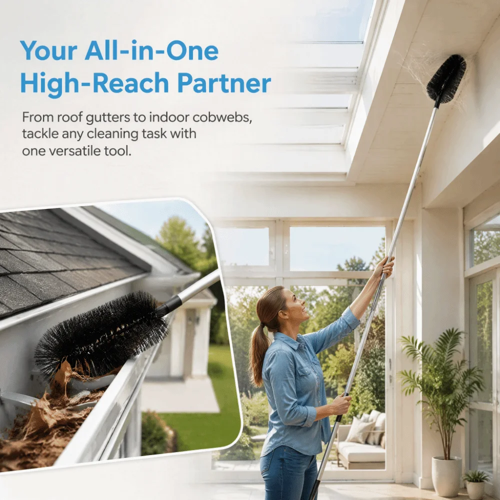 High Efficiency Gutter Cleaning Tool Adjustable Replaceable Roofing Cleaning Brush Long Reach No Ladder Needed