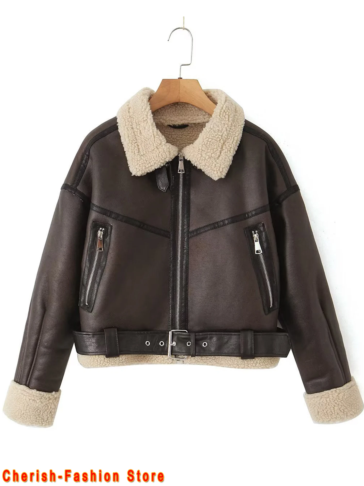 Winter women's street clothing artificial lamb fur leather short jacket with belt motorcycle thick warm sheepskin overcoat coat