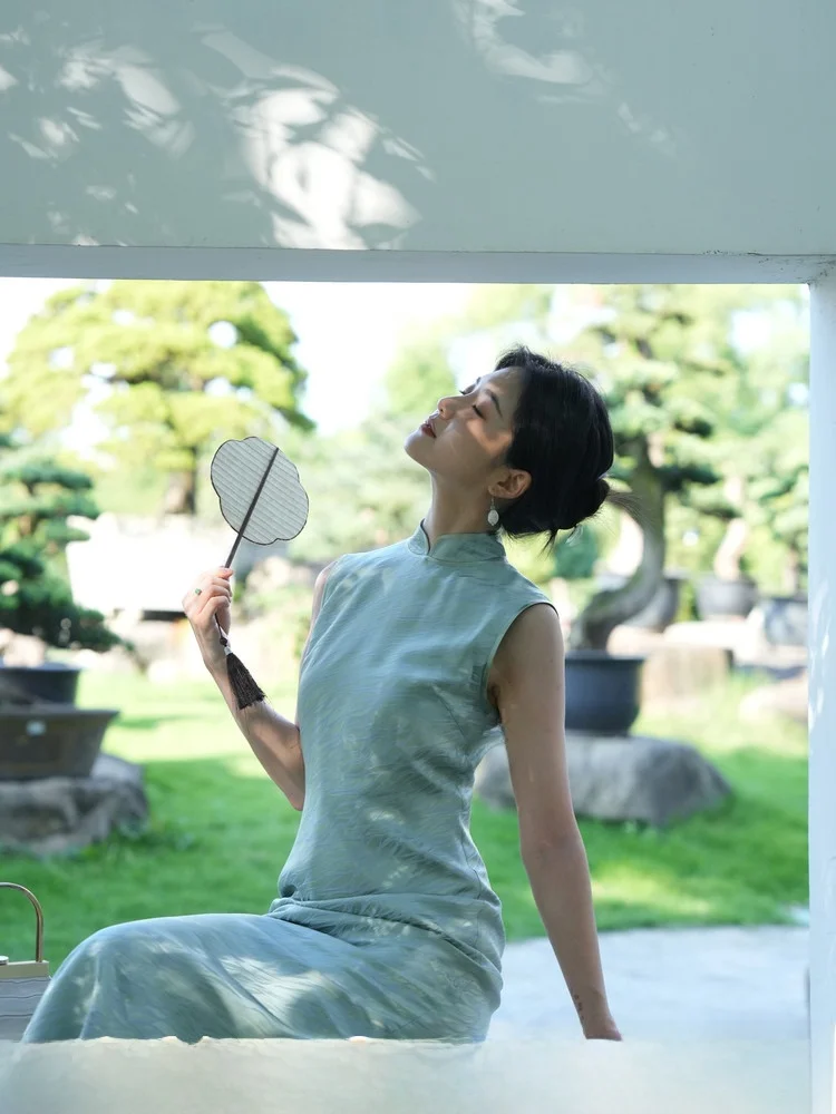 

Шелковое платье с круглым вырезом и низким разрезом, дышащее, легкое, в китайском стиле, женское, длинное, летнее, модное