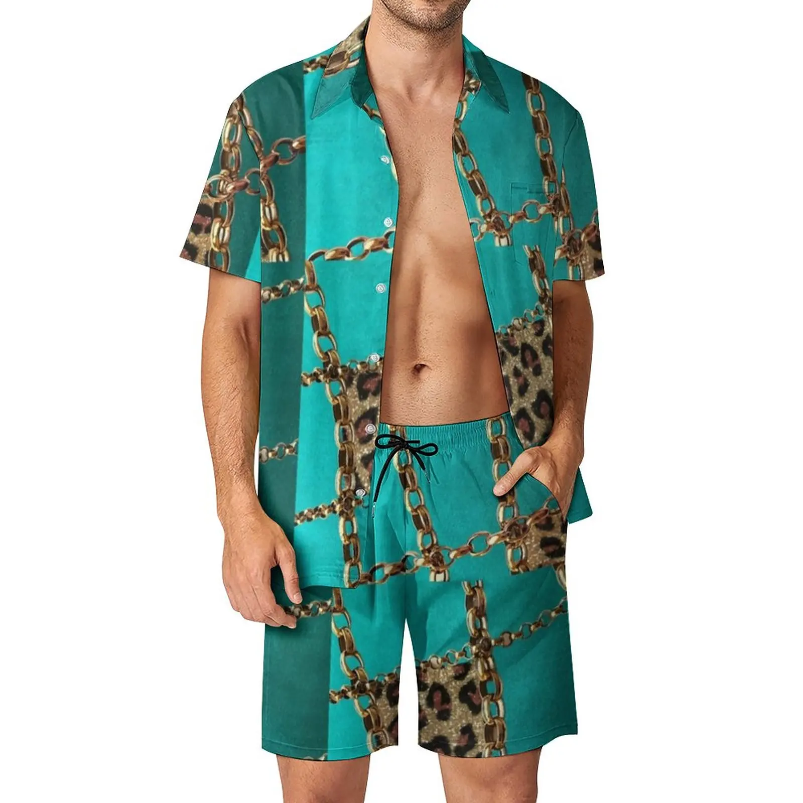 Gold Chain Print Men Sets Animal Leopard Casual Shirt Set Aesthetic Beachwear Shorts Summer Suit 2 Piece Plus Size 3XL