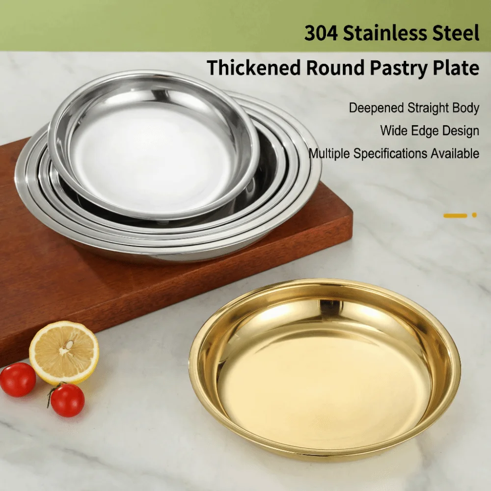 Stainless Steel Round Plate Shallow Tray Rustproof Easy Clean Stainless Steel Dining Dish Flat Outdoor Camping Tray Restaurant
