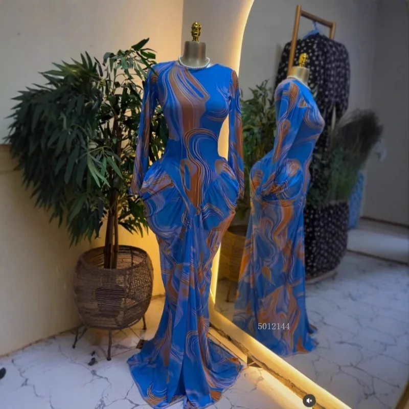 Femmes élégantes cravate colorant imprimé empilé froncé à manches longues Midi moulante Maxi longue robe fête d'anniversaire éducation robes à la mode