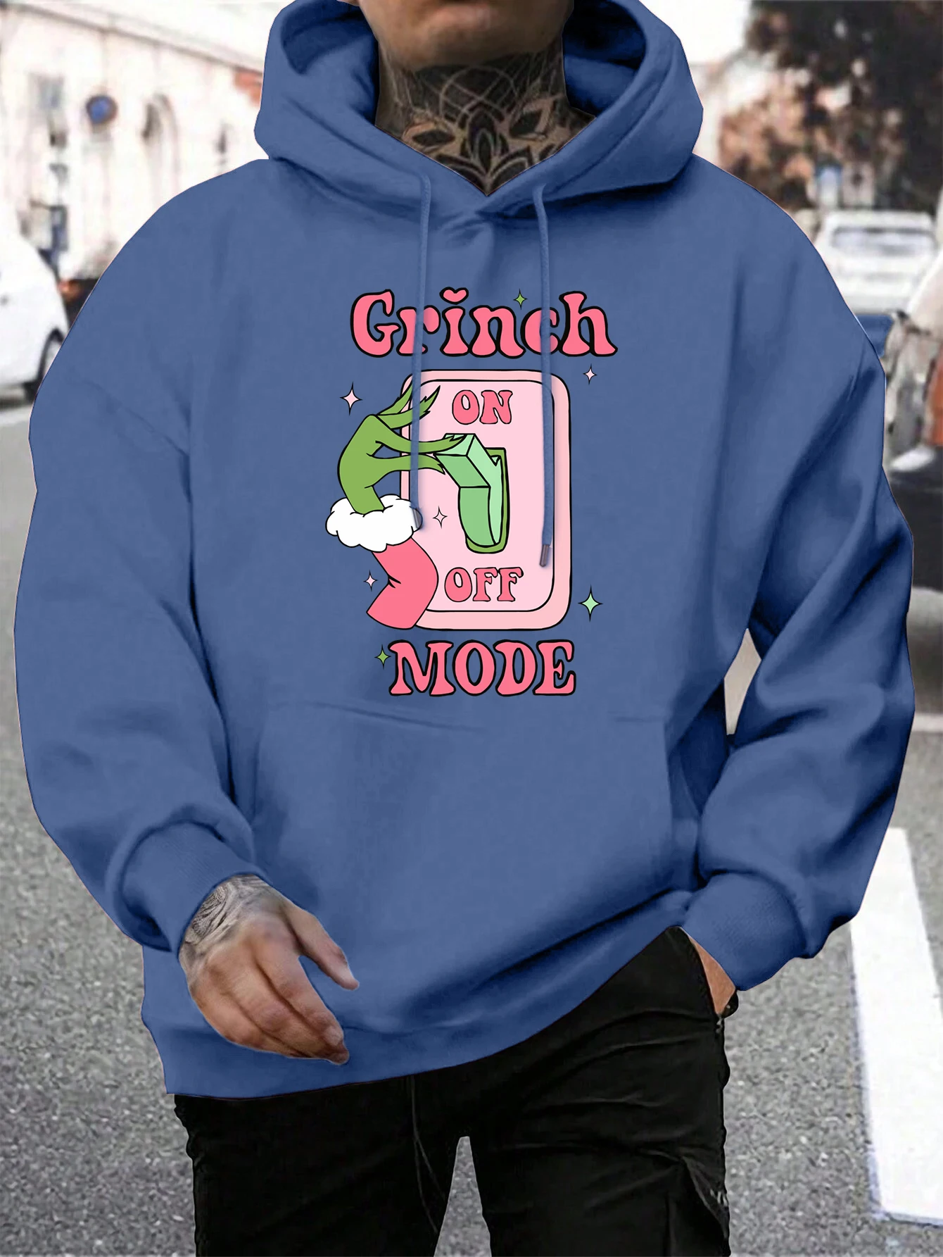 Green Haired Monsters Turn On The Switch Hoodie Man Grinch Mode Letter Hoodies Warm Fleece Fur-Liner Men Hoody Casual Tops