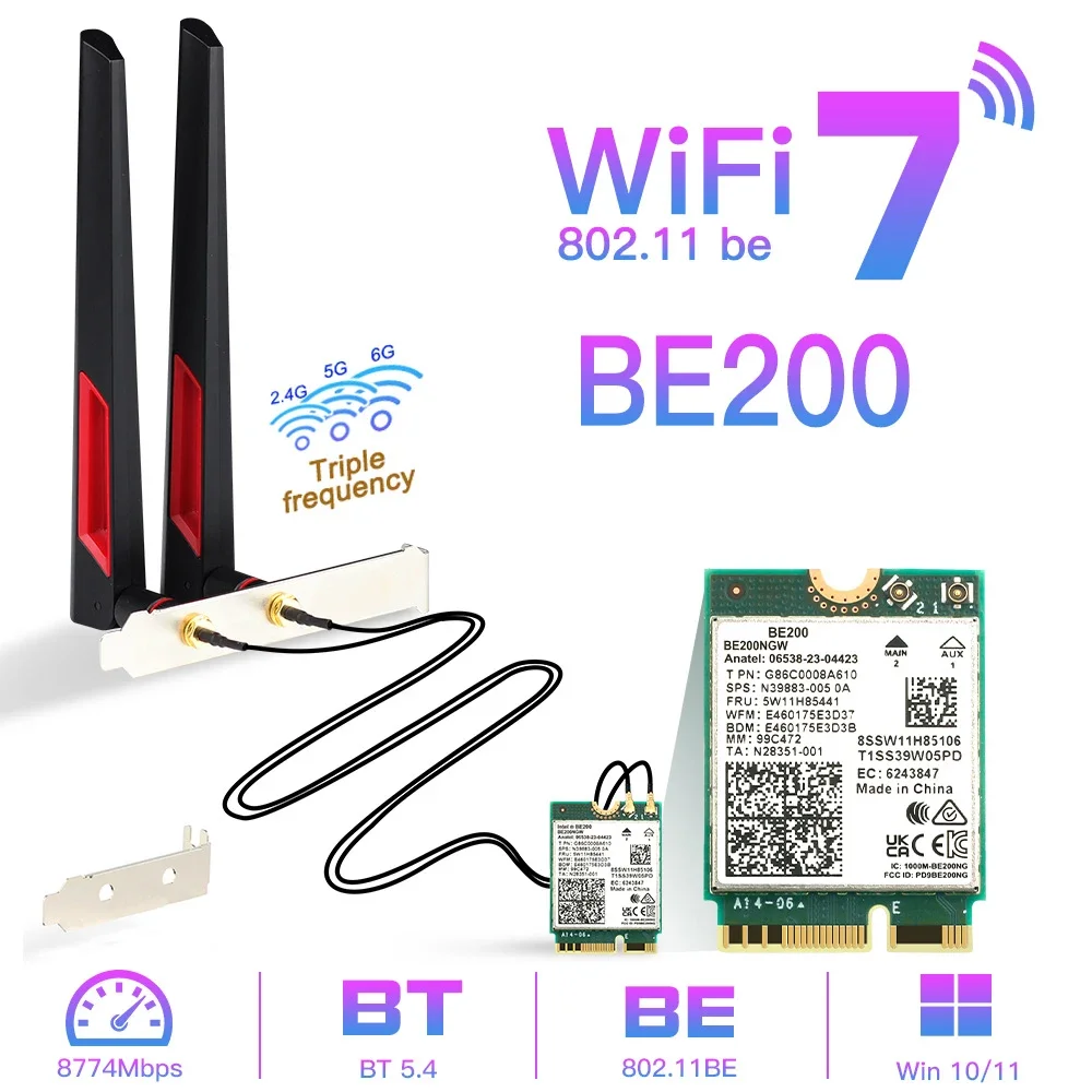 WiFi 7   BE200 Wireless Network Card Bluetooth 5.4 WiFi BE200NGW NGFF Adapter 802.11AX 2.4G/5G/6GHz  Win10/11