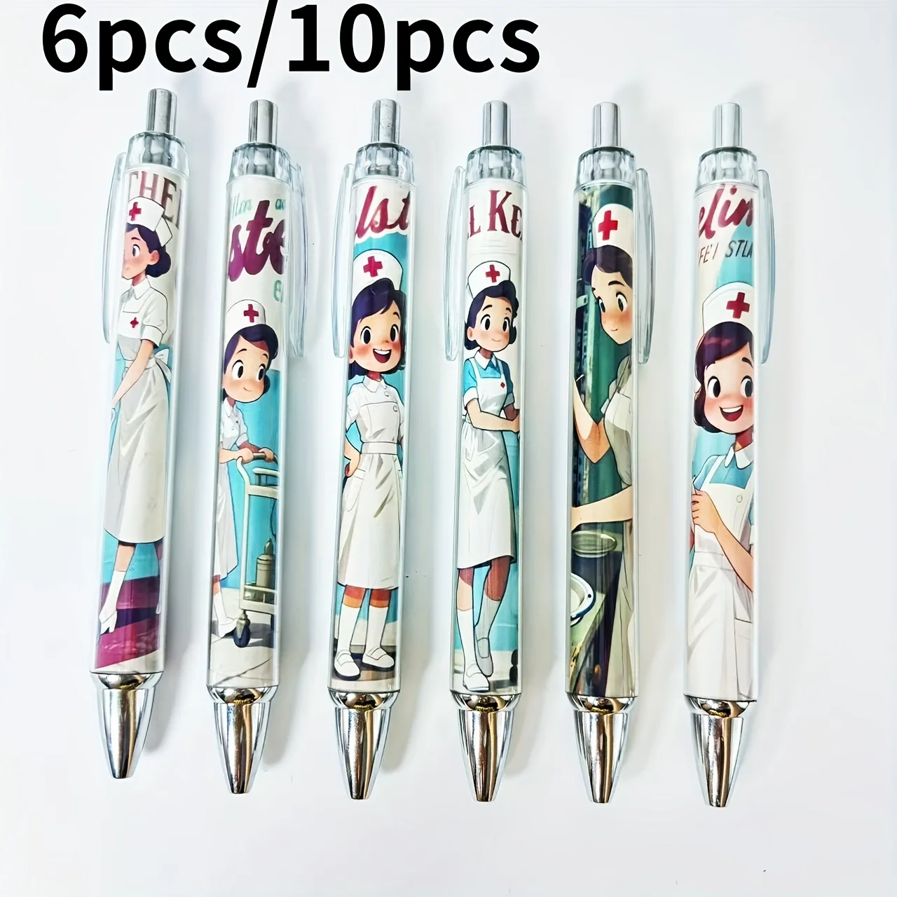 

6Pcs/10Pcs White Angel Themed Ballpoint Pens Doctor and Nurse Retractable Ballpoint Pens Back-To-School Season Student Writing Gift Pens