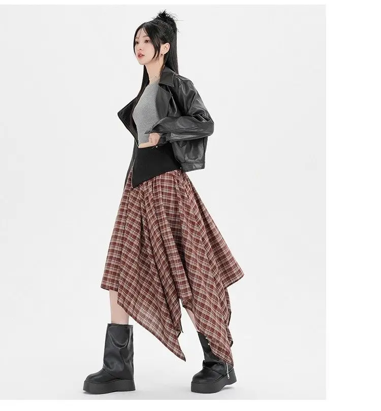 Niche Retro Irregular Plaid Half-length Women's Autumn and Winter Design High-waisted A-line Slimming Large-swing Umbrella Skirt