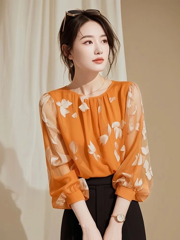 Women Spring Summer Office Lady O-neck 3/4 Sleeve Chiffon Shirts Ladies Fashion Floral Printing All-match Temperament Tops