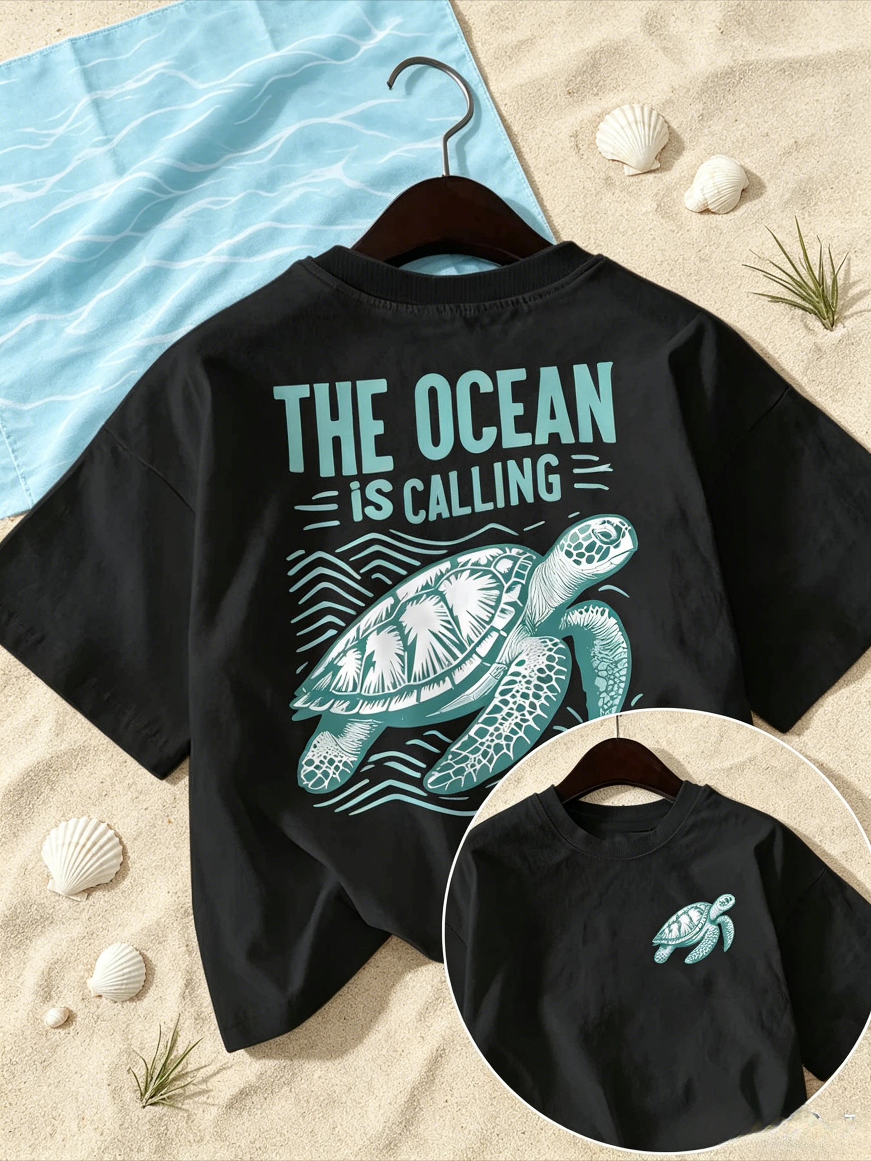 2026  Men Women Retro Ocean Animal Typography Graphic T-shirt Sea Turtle Slogan Print Crew Neck Casual Tee