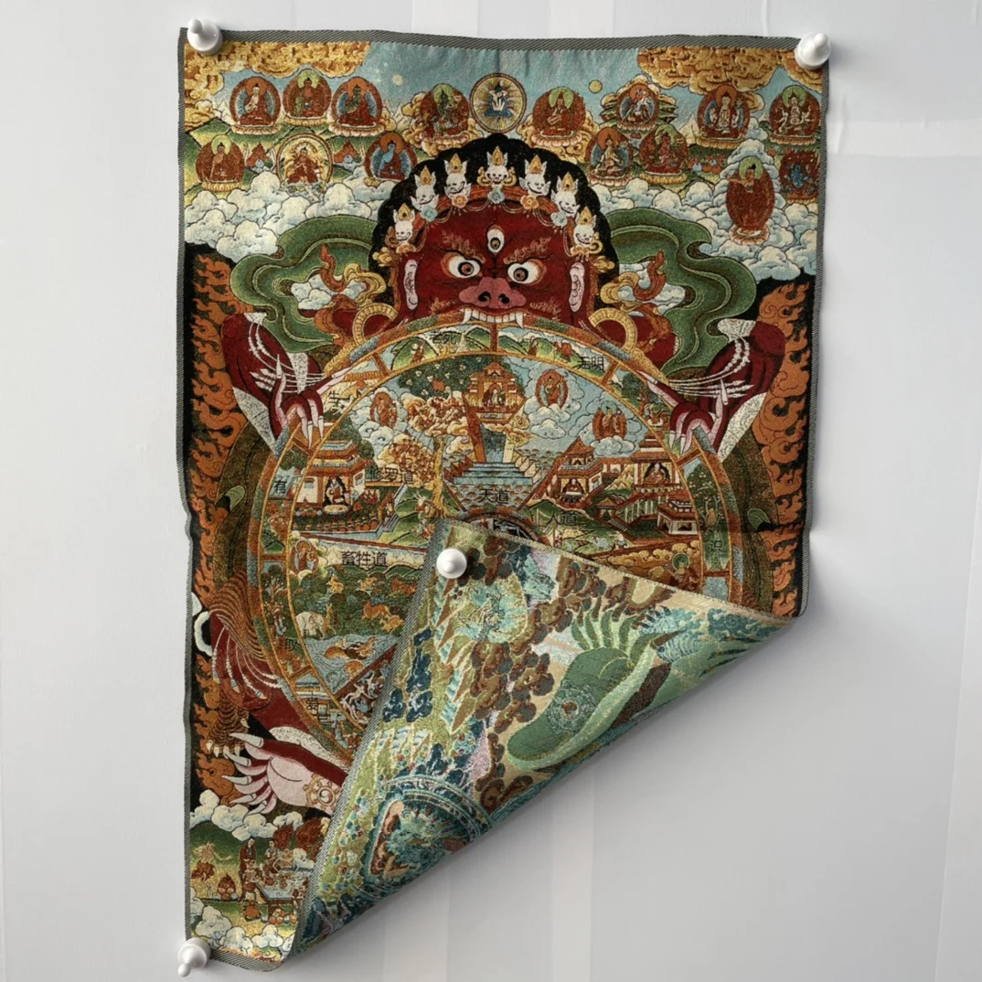 Thangka brodé de 35 pouces, broderie tibétaine en soie, brocart du Népal, Mahakala, Six voies de vie et de mort, roue du Bouddha Thangka