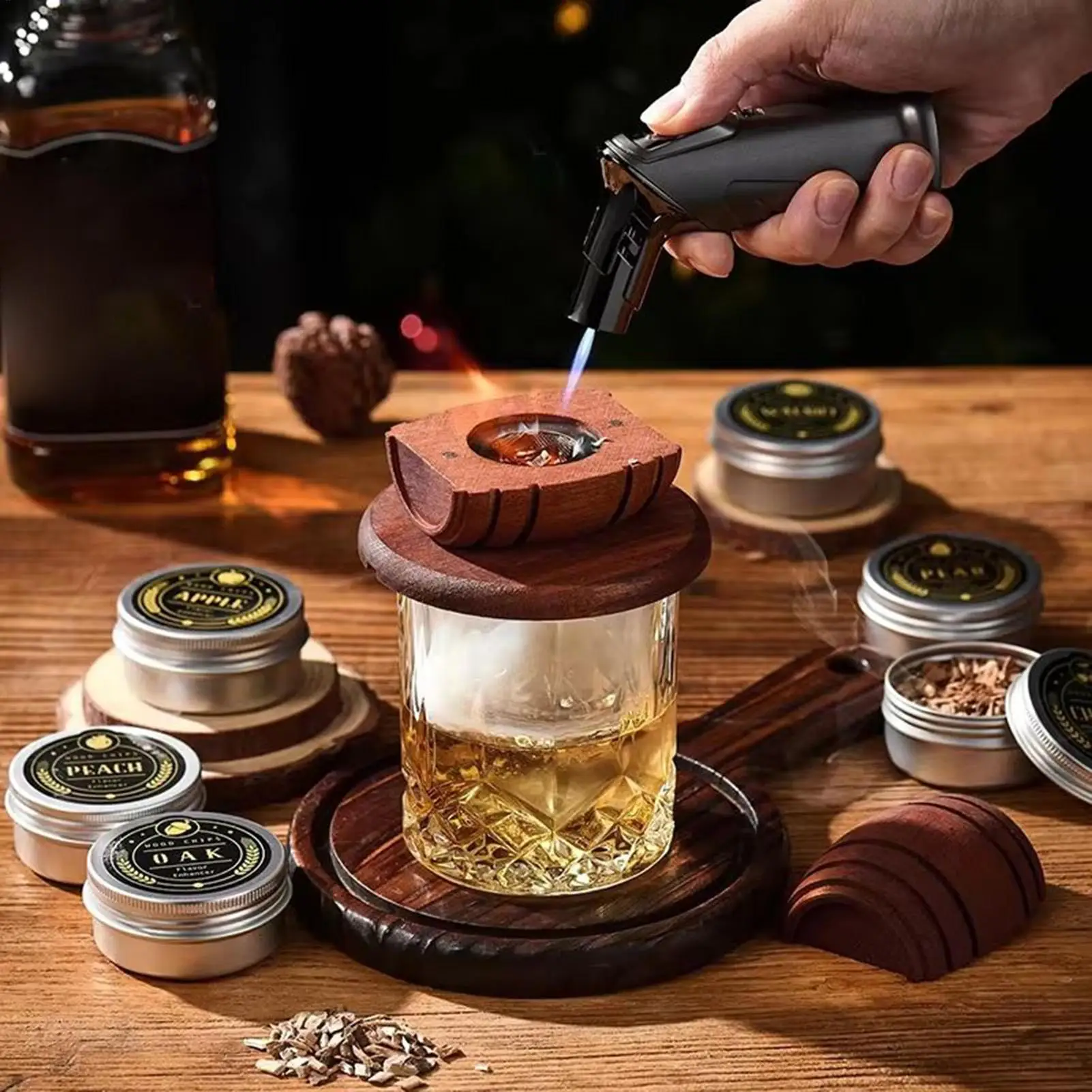Whiskey Smoker Wooden Spirits Infuser Bar Tool Whiskey Cocktail Smoker for Men Dad Husband Father Boyfriend Him Family Friends