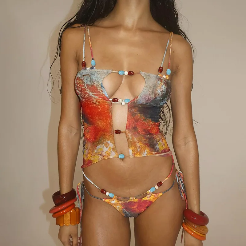 2025 صيف جديد الملابس النسائية موضة الطباعة مثير شبكة الدانتيل متابعة بيكيني ثلاث قطع دعوى النمط الأوروبي والأمريكي #1