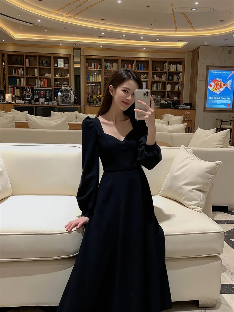 فستان نسائي لخريف 2025 بأكمام واسعة منتصف العجل بلون سادة Cottagecore Fairycore جماليات جمالية أدبية بوهو بوهيمية #4