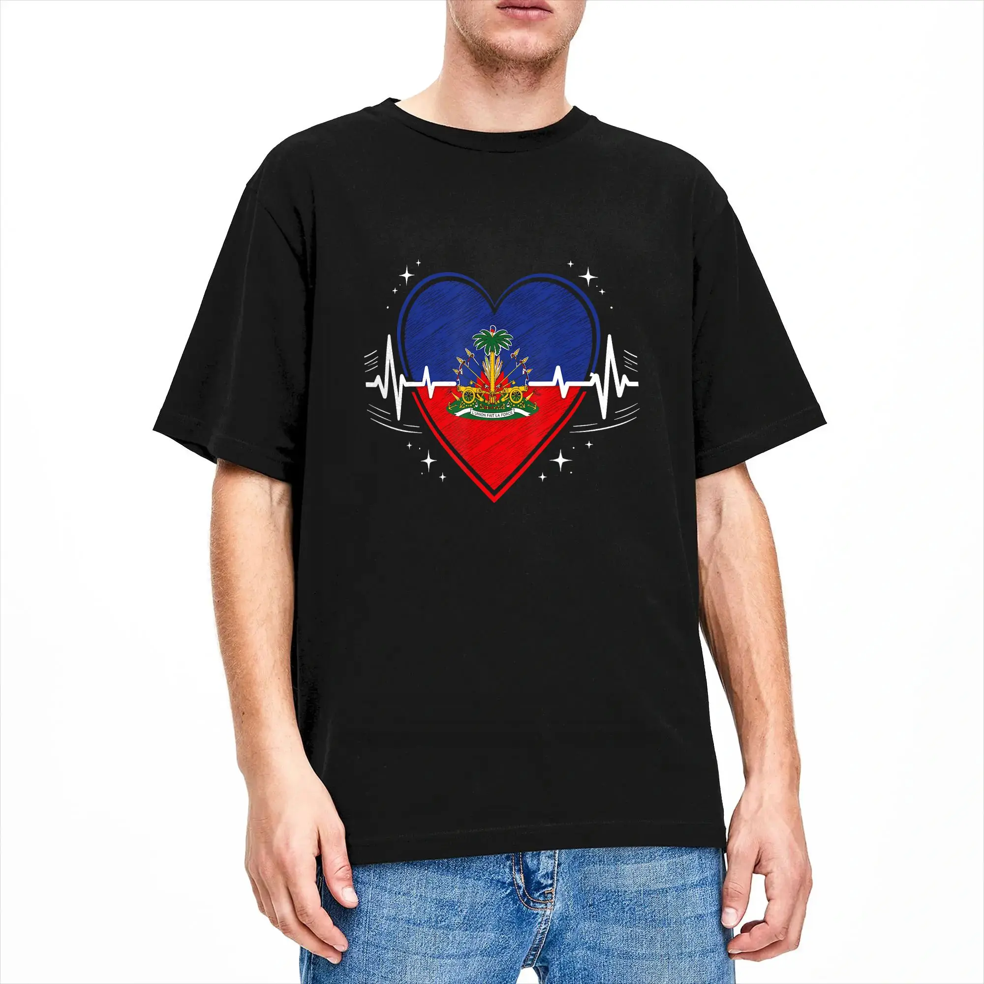 Haiti Haitian Flag Day Heartbeat Pride Heritage T-Shirt Beach Leisure T Shirts Adult Cotton Round Neck Clothes Short Sleeve Tops