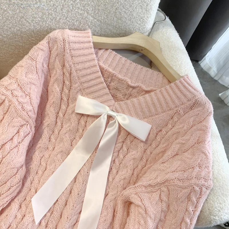 Autumn Winter Jumper Women Loose V-neck Bow Long Sleeve Sweater Pullover Womens Clothes Sweet Warm Pink Knitted Female Top 2024