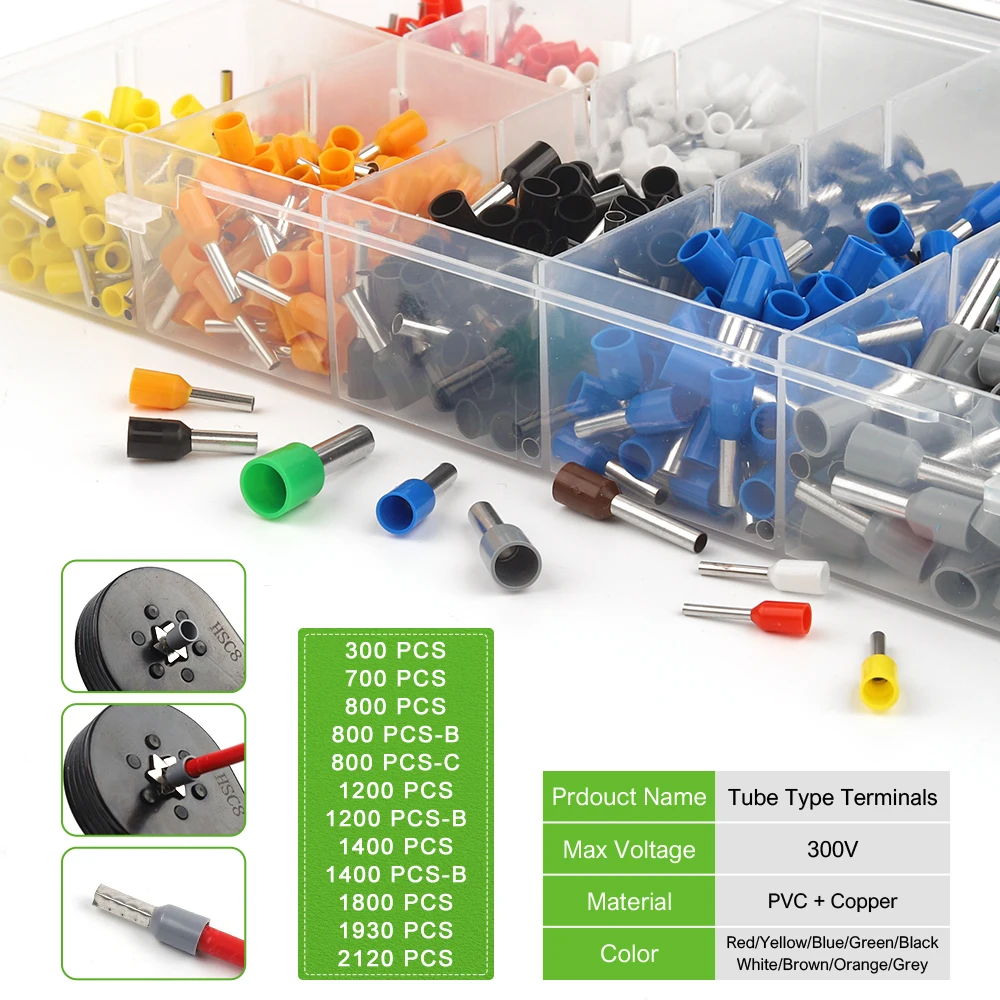 VE Boxed Tubular Crimp Terminals PVC Electrician Electrical Insulation Kits Cord End Terminal Block Wire Ferrules End Connector