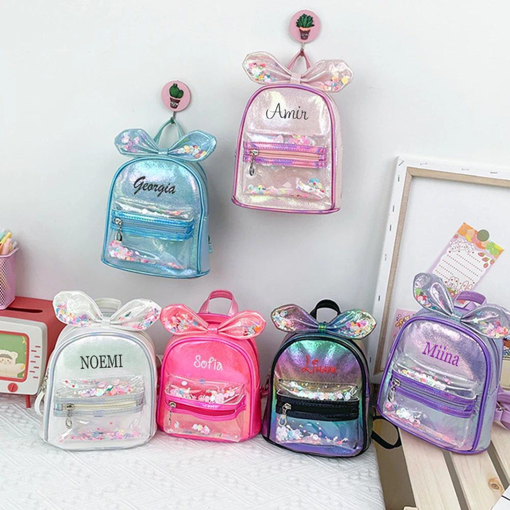 New Children\'s Fashion Bag Transparent Sequins Cute Princess Bow Backpack Personalized Name Kindergarten Lightweight Snack Bags