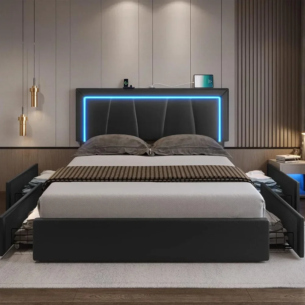 LED Bed Frame with 4 Drawers and USB Ports Modern Faux Leather Upholstered Platform Bed Frame with Storage and Smart RGB LED