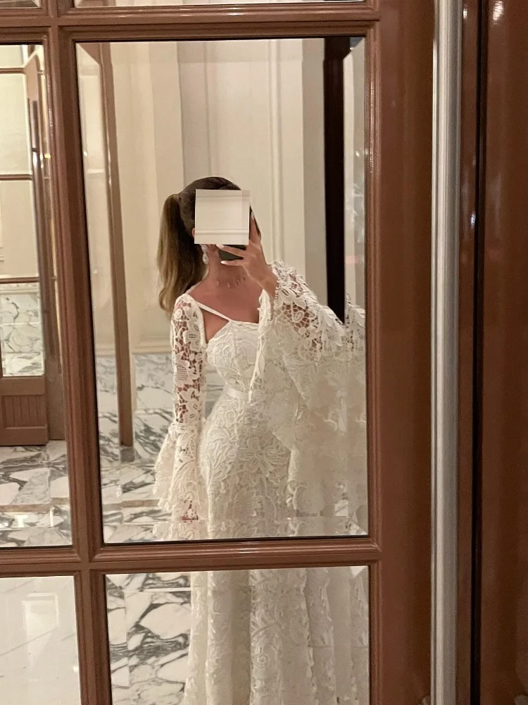   Querida decote cintas de espaguete renda completa manga longa casamento formal ocasião vestido de noite vestidos de fiesta